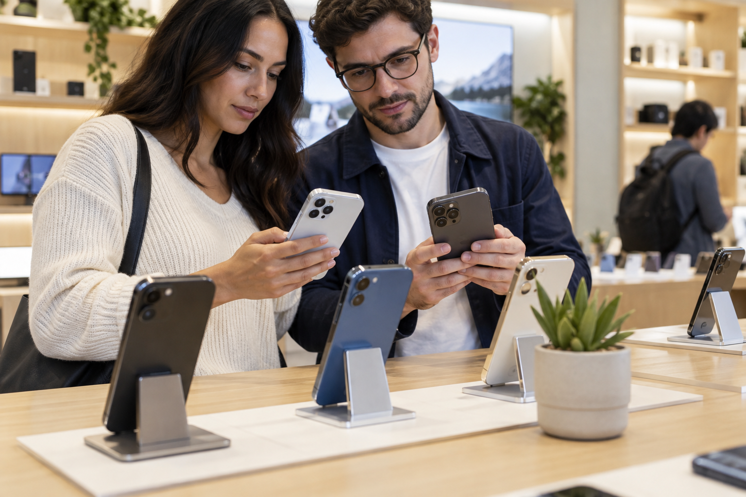Ilustración de clientes comparando teléfonos en una tienda